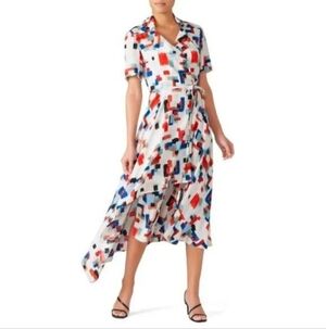 ROSETTA GETTY White Scribble Print Asymmetric Hem Wrap Midi Dress Size 2